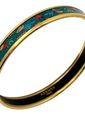 Hermes Enamel PM Bracelet Cloisonne Bangle Gold Plated Green